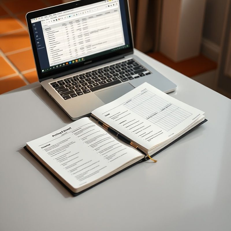 Escritorio minimalista con un cuaderno de notas de precios y un portátil abierto