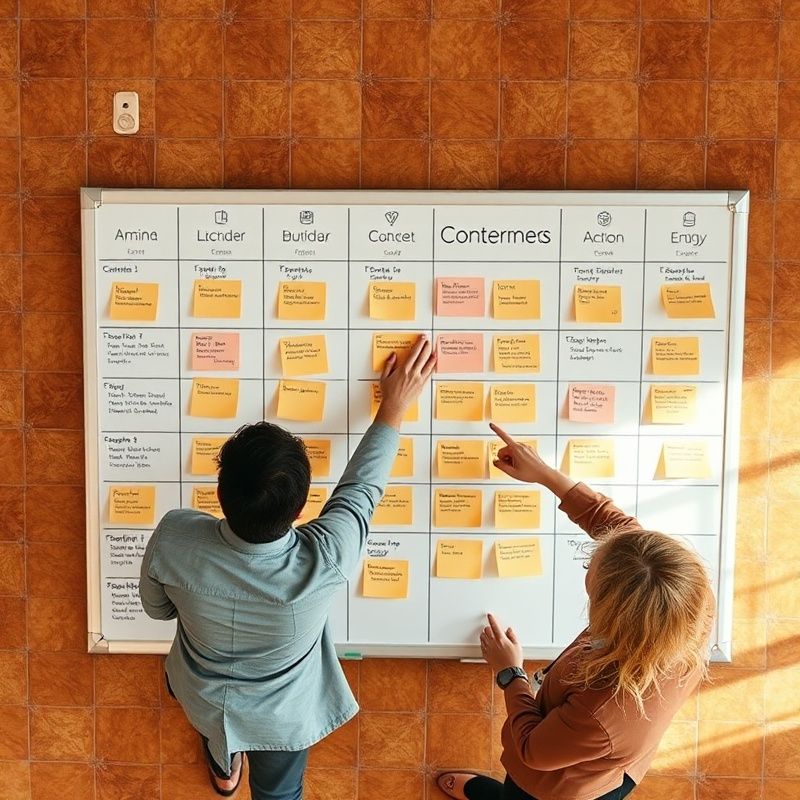 Equipo trabajando sobre un panel de calendario editorial con notas adhesivas